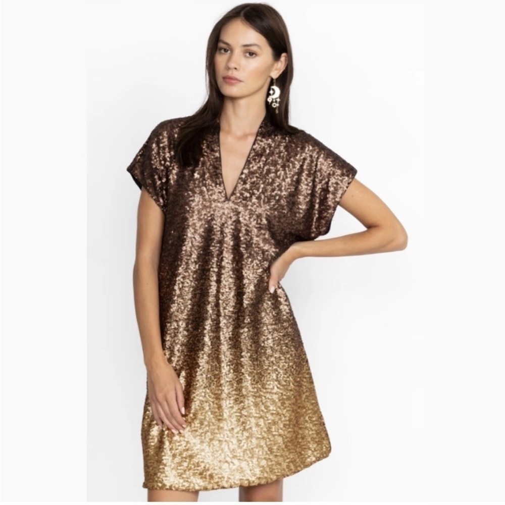 JOHNNY WAS Ombre Gold Sequin Alma V-Neck Dress Size L NEW Christmas Holiday